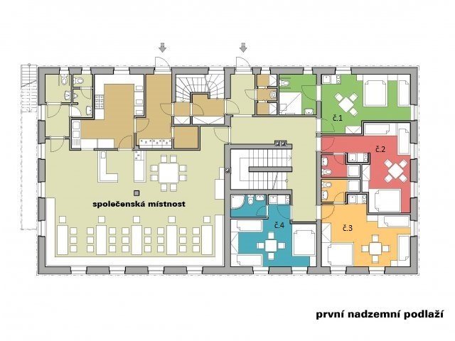 Penzion Hájenka - rozpis pokojů - u každého pokoje koupelna a kuchyňský kout