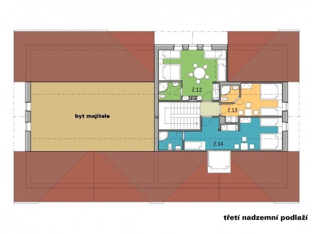 Penzion Hájenka - rozpis pokojů - u každého pokoje koupelna a kuchyňský kout