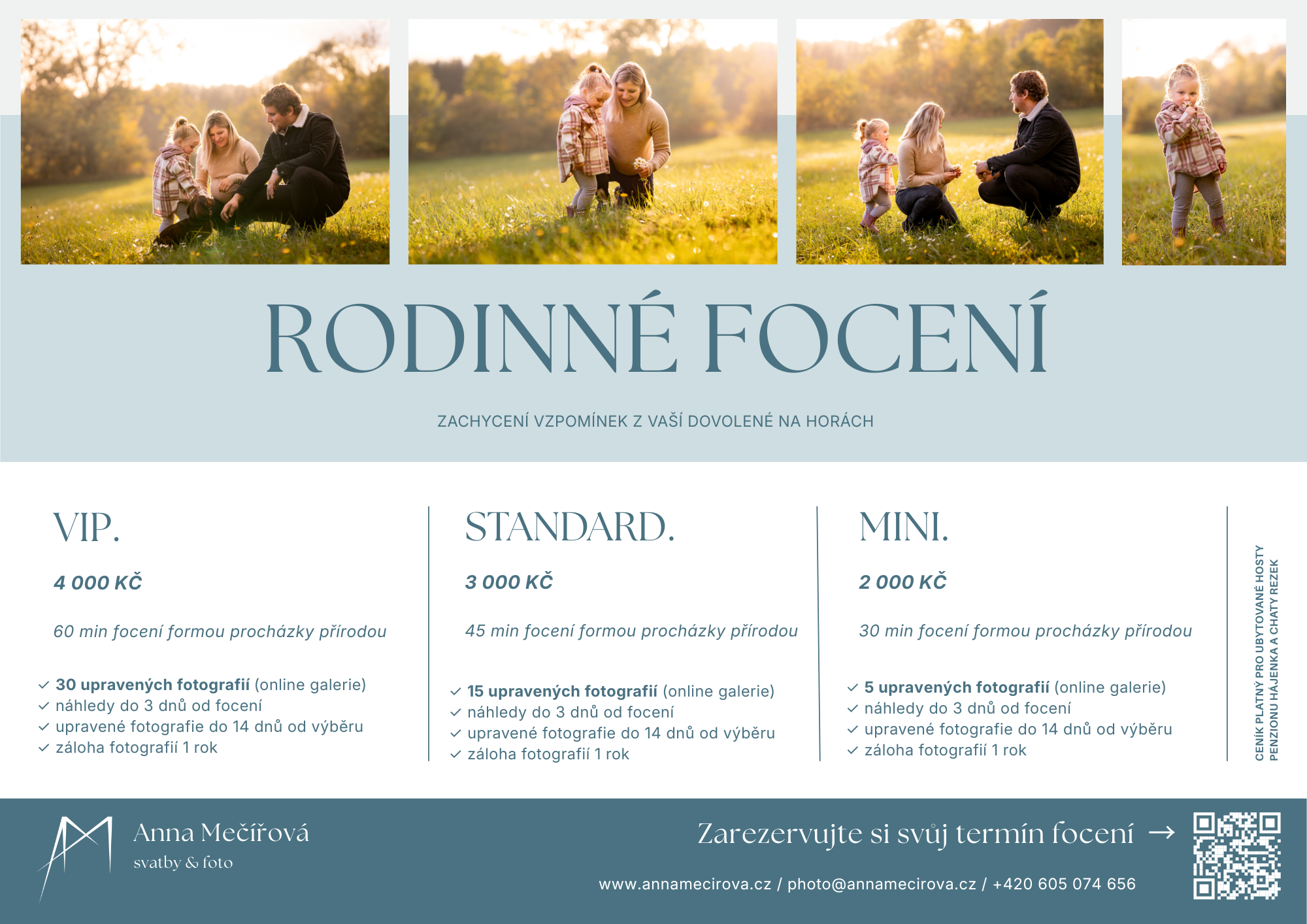 Rodinné focení formou procházky přírodou, ceník platný pro ubytované hosty Penzionu Hájenka a Chaty Rezek.