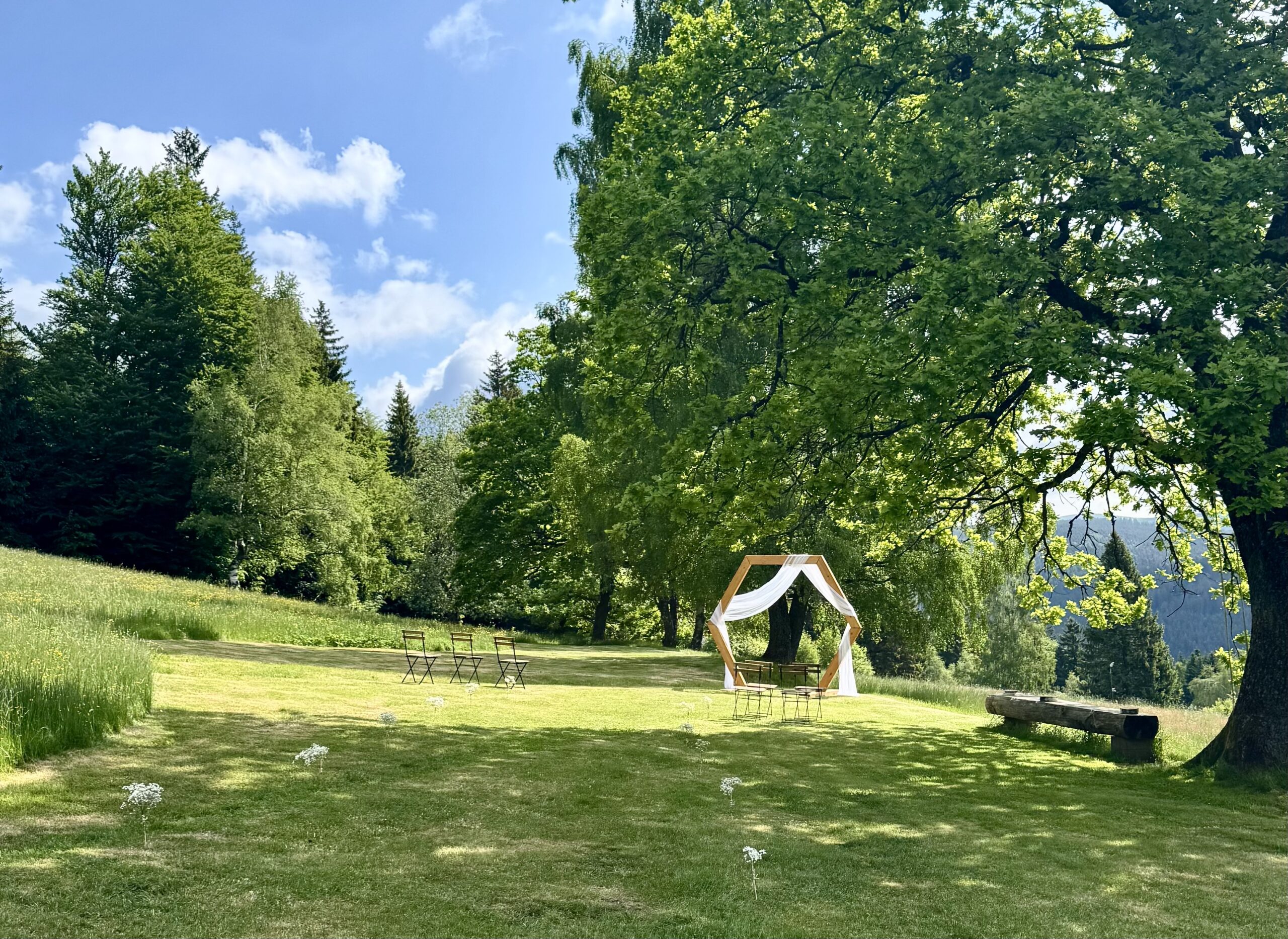 svatební brána na louce vedle penzionu